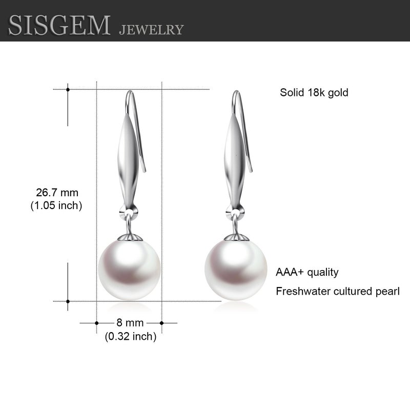 SISGEM 18K Solid White Gold Earrings for Women Real Cultured Freshwater Pearl Dangle Earring, 8mm (white-gold) - Image 3